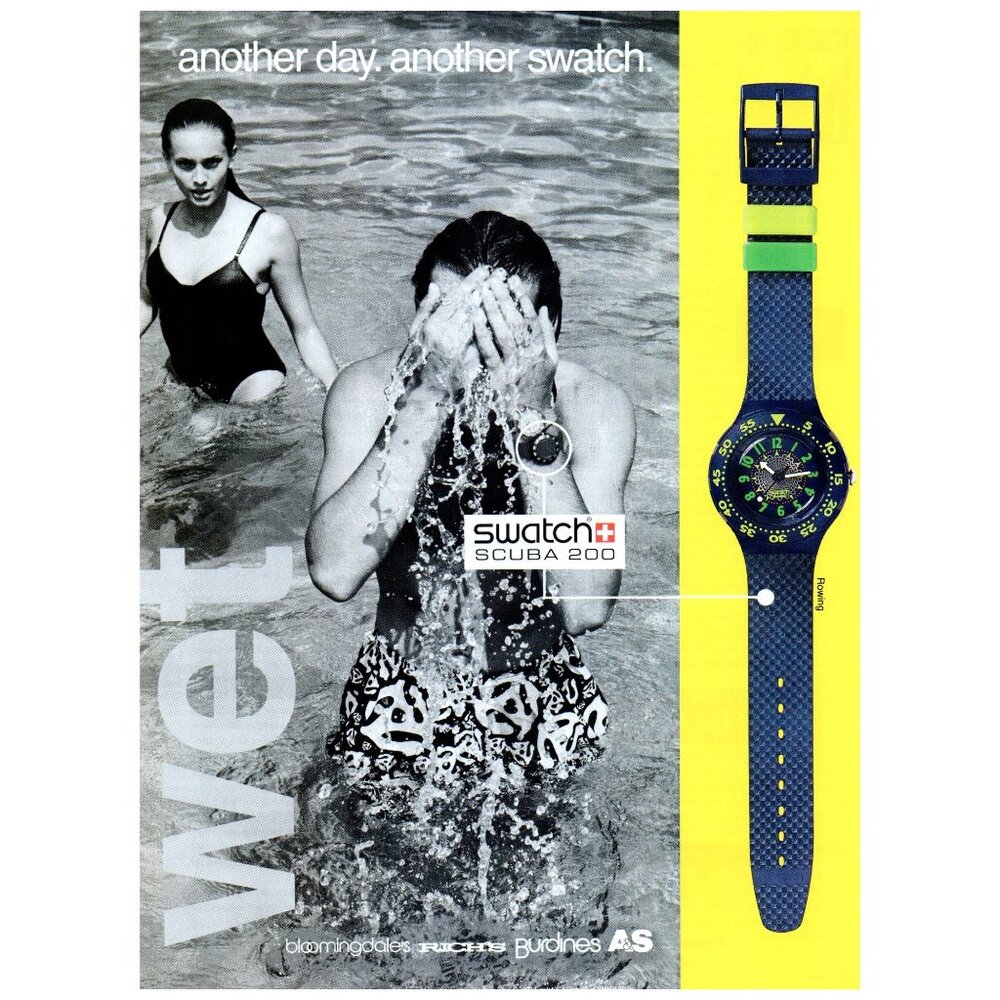 1993 Swatch SCUBA 200 Watch Vintage Print Ad Women Swimming 90s Fashion Wall Art